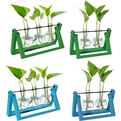 Desktop Glass Plant Pot Hydroponic Plant Vases Vintage Flower Pot Transparent Vase Wooden Frame Glass Tabletop Plants Home Decor