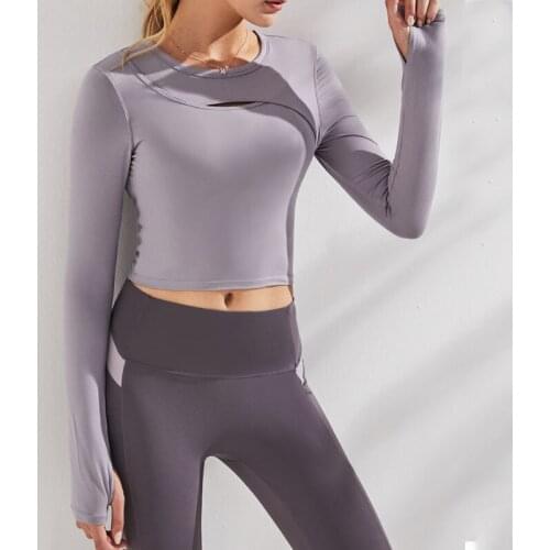 NORMOV Sexy Hollow Slim Tops Women Elastic Quick Dry Long Sleeve O-Neck Top Woman Workout Short Fitness Tees Female Solid Color