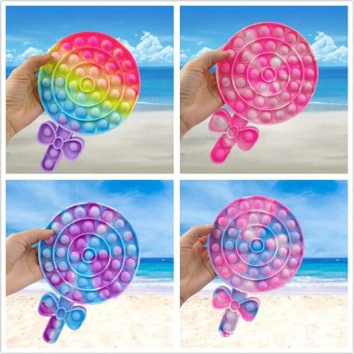 Rainbow Tie-dye Swirl Lollipop Shape Pop on It Fidget Toys Push Bubble Pop Fidget Sensory Toy Popper Game Silicone Bubble