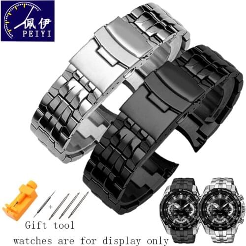 PEIYI 22mm Stainless Steel watchband Silver strap Deployment buckle Replacement Metal belt for EF-550 mens watch chain