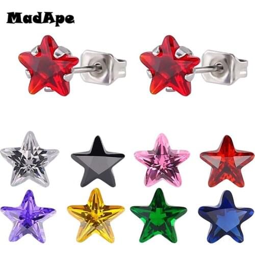 MadApe 1 Pairs Star Earrings Stainless Steel Crystal Stud Earrings Silver Color Earrings For Women & Girl Ear Jewelry Wholesale