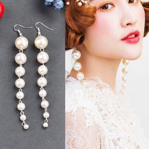 Trendy Elegant Simulated Pearls Long Dangle Earrings For Women Statement Pearls String Drop Earrings Wedding Jewelry Party Gifts