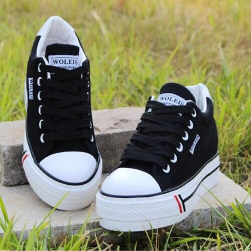 Elevator Shoes Women Blue Sneakers Black Platform Heels Wedged Shoes Lace Up Spring Autum Canvas Shoes Woman White Sneakers Heel