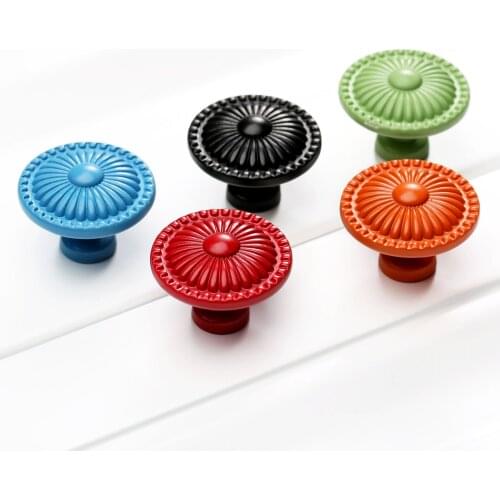 Vintage Furniture Knobs Round Kitchen Door Drawer Cupboard Pull Handle Flower shape Cabinet Handles Zinc Alloy Red Blue Black