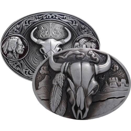 Vintage Style Bull Heads Carving Belt Buckle Western Cowboy