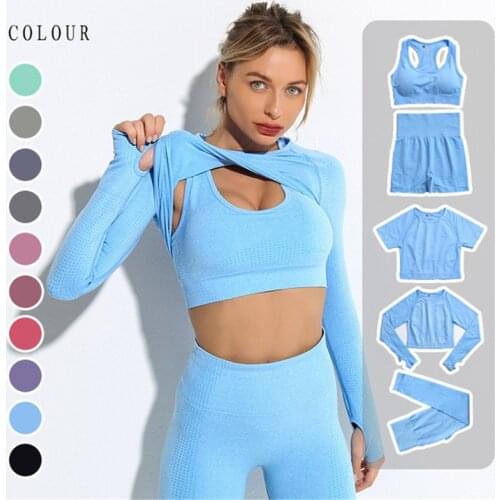 Women Workout Sportswear Gym Clothing Fitness Female Long Sleeve Shorts T-Shirt Crop Top Bra High Waist Leggings Yoga Set Outfit