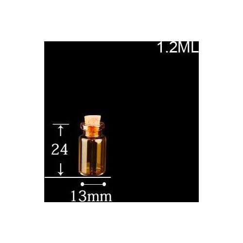 100pcs/lot 13*24*6mm 1.2ml Amber brown color Glass Bottles With Cork Empty Tiny Glass Vials Jars Small Wishing Bottle pendant
