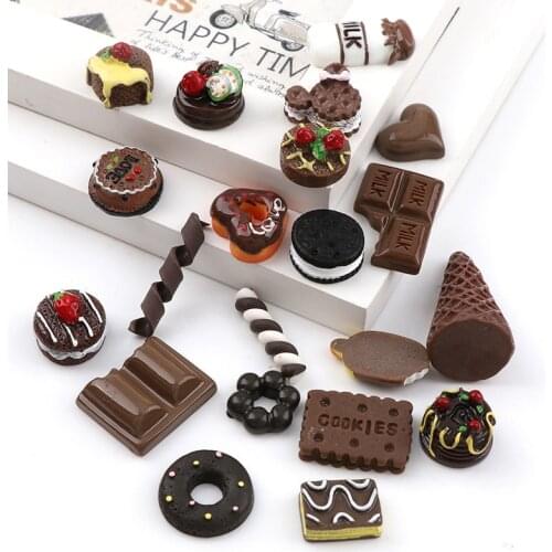 20PCS Mixed Chocolate Color Dessert Cartoon DIY Resin Flat Bottom Convex Circular DIY Scrapbooking Home Decoration