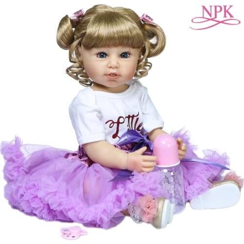 55CM bebe doll reborn toddler baby girl doll in purple dress full body soft silicone bath toy Birthday Gift for Children