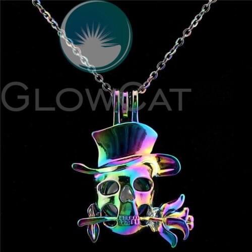 C848 Rainbow Colors Hat Skull Rose Beads Cage Pendant Essential Oil Diffuser Aromatherapy Stone Pearl Cage Locket Necklace