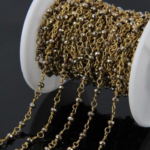 5Meter Small Titanium Gold Hematite Rondelle beads Rosary Chains,Brass Wire Wrapped Chain bracelet Necklace Jewelry Findings