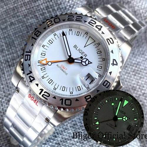 BLIGER Dress 40mm White Orange GMT Men Watch Automatic Movement Brushed Oyster Band Black Hand Silver Insert Flat Sapphire