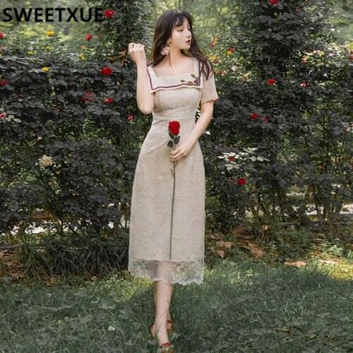 SWEETXUE Elegant Apricot Square Collar Cheongsam Temperament Lace Open Back Dress Vintage Female Party Summer Chic Vestidos Robe