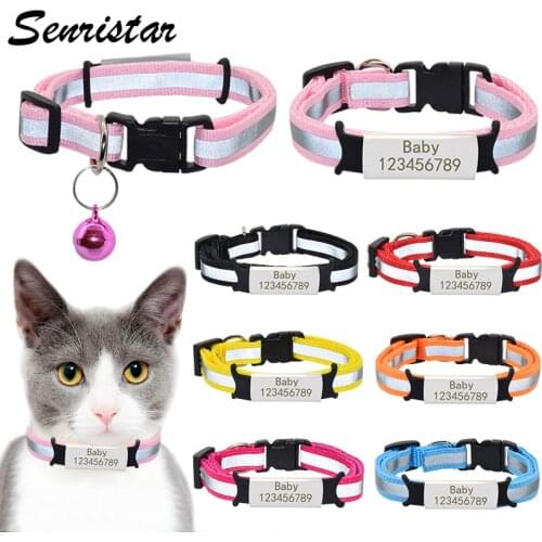Personalized Nameplate Cat Collar Bell Necklace Safety Reflective Nylon Custom Engraved ID Name Tag Cat Collar Puppy Pet Collar