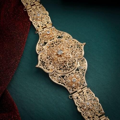 Caucasus Bridal Waist Chains with Rhinestone Hollow Out Flower Waist Belts Long Chain Dark Gold Metal Belts for Women