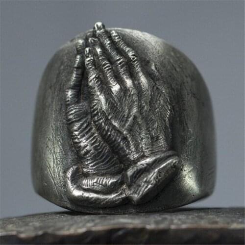 Vintage Metal Praying Hands Ring for Men Women Resizable Silver Color Open Ring Religion Faith Finger Jewelry Accessories