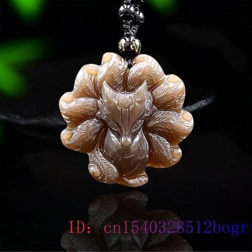 Brown Jade Nine Tailed Fox Pendant Fashion Necklace Carved Jadeite Chinese Gifts Amulet Gemstone Natural Charm Jewelry Women