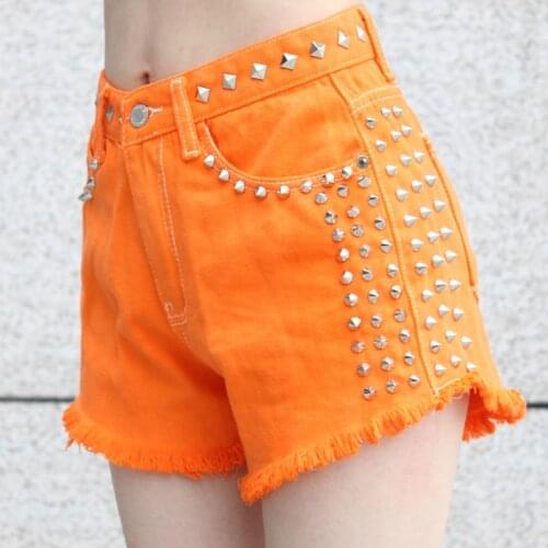 Summer womens candy color orangecolor personalized metal rivet denim shorts pants ladys sexy hip-hop punk rivet shorts
