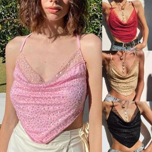 Hot kf-WomenS Fashion Sexy One-Word Neck Strap Halter Low-Cut Sequined Vest