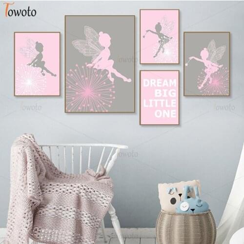 Little Girl with Wing Magic Wand Print Love Poster Grey Pink Nursery Wall Art Canvas Painting Princess Room Baby Bedroom Decor
