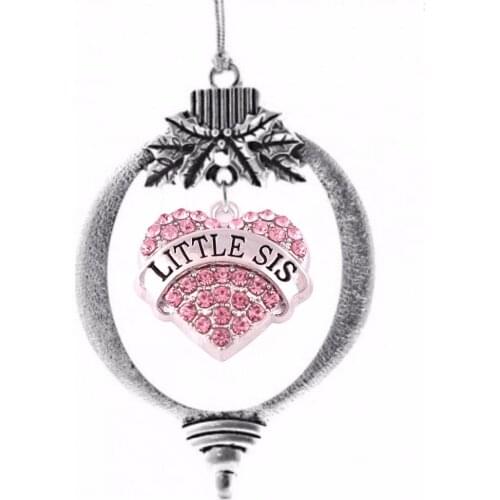 LITTLE SIS Engraved Pink Crystal Rhinestone Heart Ornament.Jeweled Heart Dangles Inside Bulb Ornament. Perfect Christmas Gift