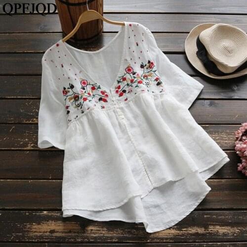Lovely Girls Female Blouse Summer Comfort Cotton Linen Clothing Ethnic Floral Embroidery Shirt White Casual Loose Irregular Tops