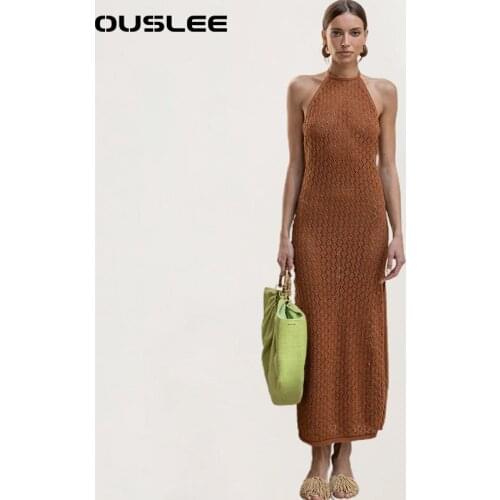 OUSLEE Fashion Halter Long Dress Womens Sexy High Split Backless Maxi Dresses Summer Sleeveless Beach Party Dress Vestidos Mujer