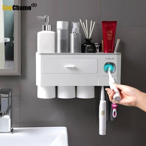 Bathroom Accessories Organizer Holder Set Toothbrush Holder Wall-Mount Automatic Toothpaste Dispenser Make-up Storage Rack