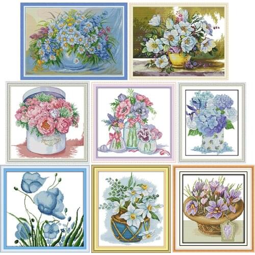Fresh Flowers Cross Stitch Kits 11CT 14CT Printed Pattern Crafts DMC Counted Handmade Sewing Needlework Embroidery Set for Decor