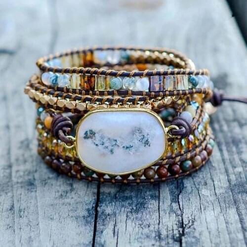 New Arrival 4Unik Boho Handmade Bracelet Natural Stone Vintage Leather Bracelet 5 Wrap For Women and Gifts