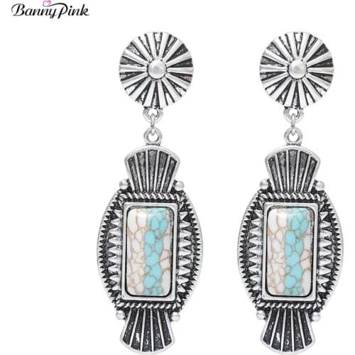 Banny Pink Tribal Turquoises Earrings Women Vintage Rectangle Stone Pendant Stud Earrings Gypsy Carved Alloy Chandelier Earrings