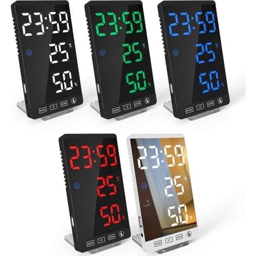 Led Mirror Alarm Clock Touch Button Wall Digital Clock Time Temperature Humidity Display Usb Output Port Table Clock
