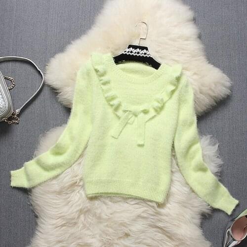 Alpha Winter New Stylish Sweater Sweet Bow Ruffles Solid Color Sweater Tops Ladies Preppy Style Youthful Look Knitting Tops