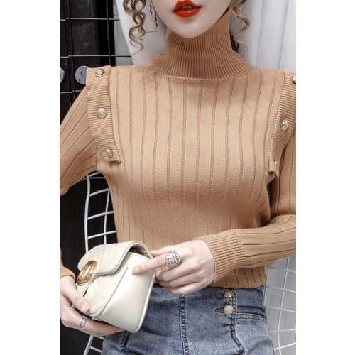 Autumn And Winter New Korean Design Feeling Breasted Hong Kong Style Foreign Style High Collar Sweater Womens Long Sleeve Sweat