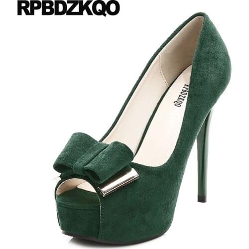 Catwalk Thin Fetish Black Extreme Green Platform Shoes Super Pumps 12cm 5 Inch Bow Ultra Ladies High Heels Size 33 Peep Toe