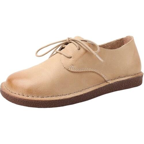 2020 New Women Shoes Loafers Genuine Leather Women Flats Lace Up Round Toe soft Retro Comfortable fashion Casual shoes for women