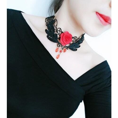Vintage Black Lace Hollow Necklace New Womens Red Rose Water Drop Necklace Womens Fashion Glamorous Jewelry