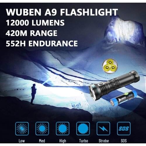 WUBEN A9 High Power LED Flashlight 12000LM Type C Rechargeable CREE LED IP68 waterproof Torch with 10200mAh battery For Hunting