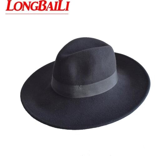 Winter Black Large Brim Wool Felt Fedora Hat For Women Chapeu Sun Beach Panama Hat Free Shipping PWFR001