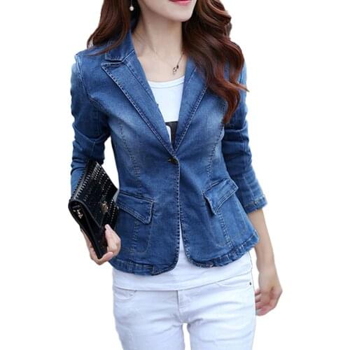 Idopy Womens Office Ladies 1 Button Slim Fit Washed Stretch Work Denim Jean Business Suit Blazer Jacket Coat