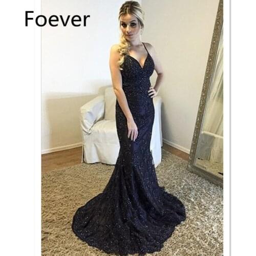 BONJEAN Black Spaghetti Straps Mermaid Evening Dresses 2019 Backless Lace Robe De Soiree longue Sweep Train Formal Prom Dresses