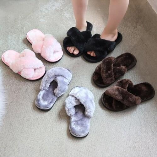 Winter Fashion Kids Home Slippers Faux Fur Warm Shoes Girls Slip on Flats Female Children Fur Flip Flops Indoor Non-slip Slippe