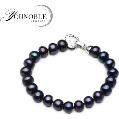 100% Real Natural Black Pearl Bracelet Women,Button Round Freshwater Pearl Bracelet Anniversary Gift