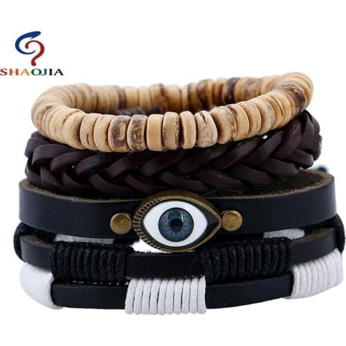 4Psc/set Fashion Leather Bracelet Coconut Shells Beads Eye Shape Strand Bracelets Braided Leather Beaded Bracelets for Women