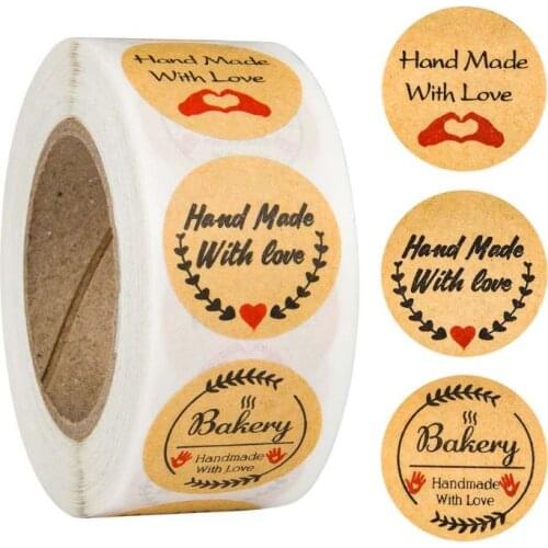500pcs/roll Kraft Hand Made with Love Heart Stickers Seal Labels Scrapbooking