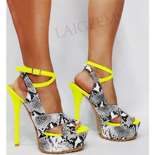 BERZIMER Women Platform Sandals Open Toe Pachwork Stiletto Heels Ankle Strap Pumps Party Lady Shoes Woman Large Size 39 45 47 52