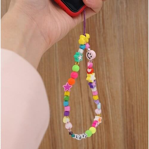 Chain For Phone Lanyard Colorful Candy Beads Chains Strap Letter Bracelet For Women Summer Trend Smiley Cute Jewelry