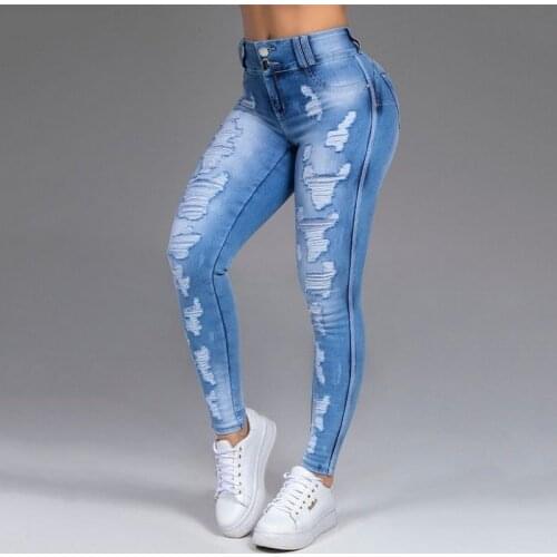 Washed Ripped Jeans Women Plus Size S-5XL Korean High Waist Trousers Skinny Denim Jeans Black Blue Hollow Bleached Pencil Pants