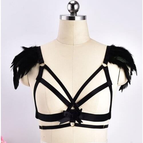 Collar feather collar Shoulderpiece Polyester Elastic collar feathers Gothic black Silver Witch harness Sexy Tops Bondage Bra