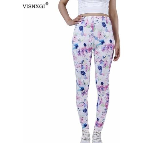 VISNXGI Sport Leggings Women White Floral Pattern Pants Workout Fitness Clothing Running Gym Tights Stretch Sportswear Bottom